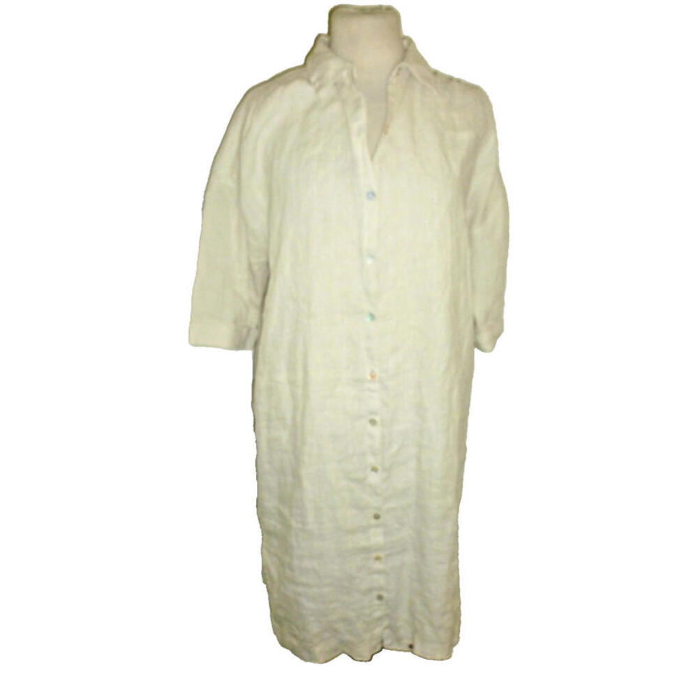Tahari 100% Linen Dress 3/4 Sleeves Beige Buttons sz M Medium